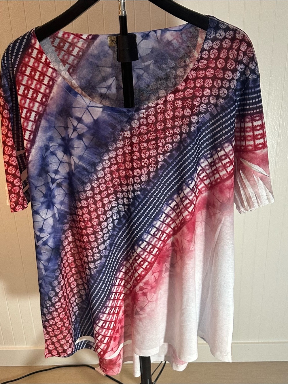 ONE WORLD Red and Blue Patterned Short Sleeve Tee